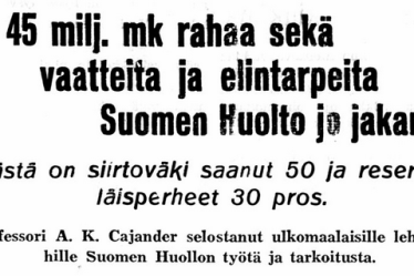 Suomen Huolto jakanut 45 miljoonaa markkaa rahaa, lehtijuttu Eteenpäin-lehdessä, Kansalliskirjaston digitaaliset aineistot.