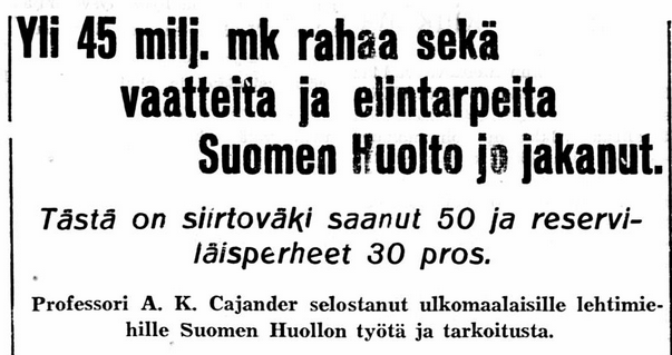 Suomen Huolto jakanut 45 miljoonaa markkaa rahaa, lehtijuttu Eteenpäin-lehdessä, Kansalliskirjaston digitaaliset aineistot.