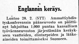 Vaatehuolto-lehtijuttu Englannin keräys, kuva Kansalliskirjaston digitaaliset aineistot.