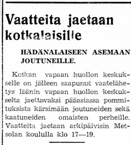 Vaatteita jaetaan kotkalaisille, lehtijuttu Eteenpäin-lehdessä, Kansalliskirjaston digitaaliset aineistot